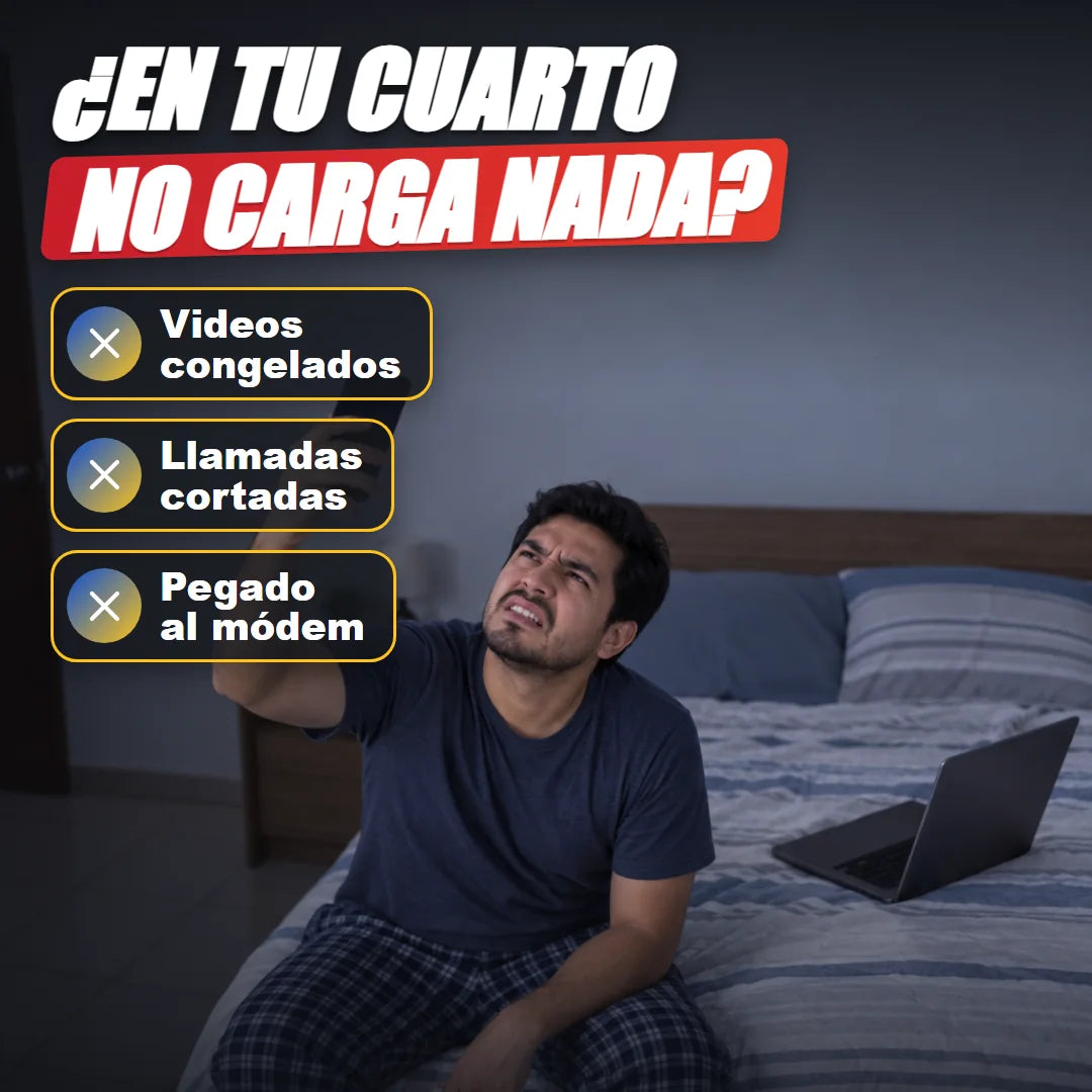 Hombre en su cuarto buscando señal con el celular levantado