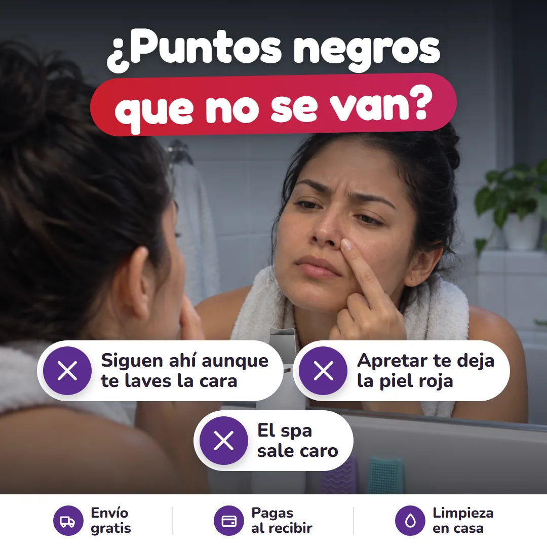 Mujer frente al espejo mirándose los poros de la nariz con fastidio
