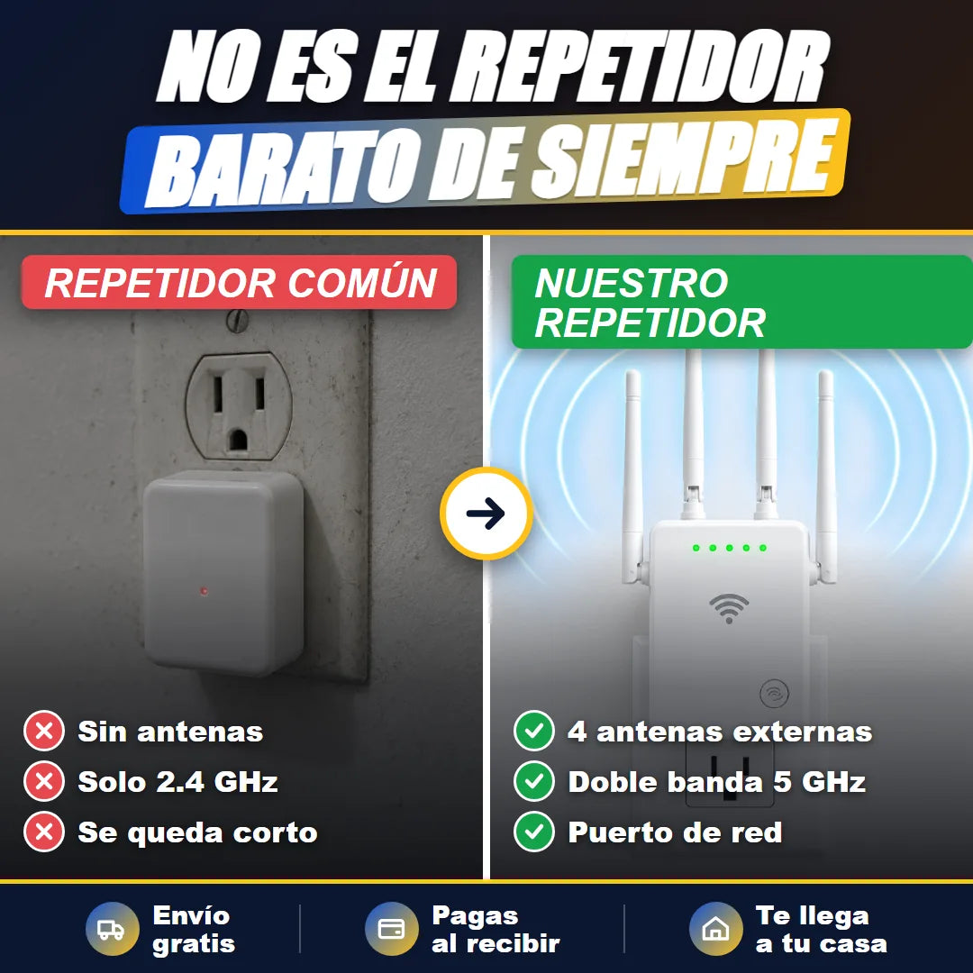 Repetidor común sin antenas frente al repetidor de 4 antenas y doble banda