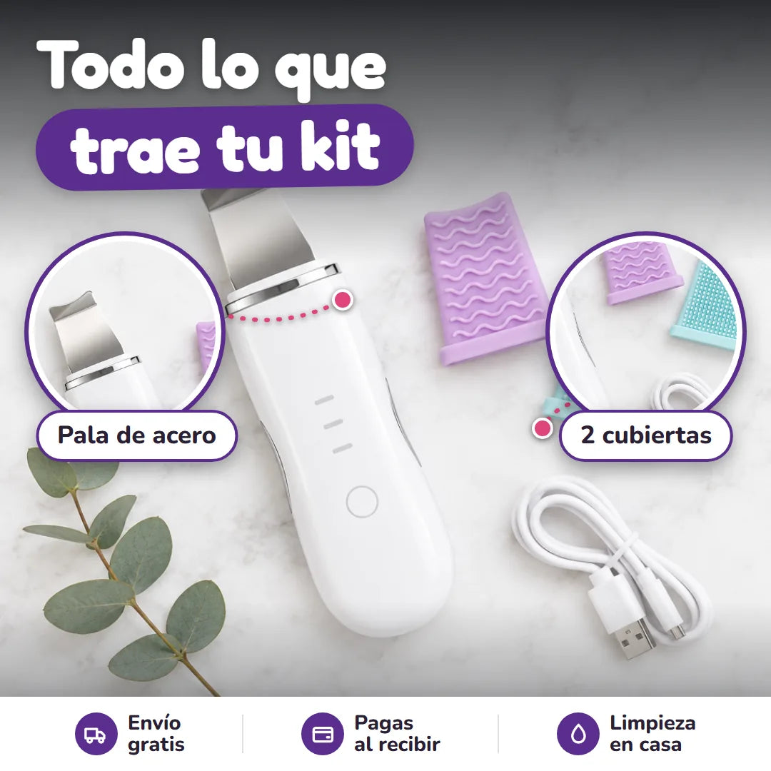 Qué trae el kit: espátula con pala de acero, 2 cubiertas de silicona y cable USB