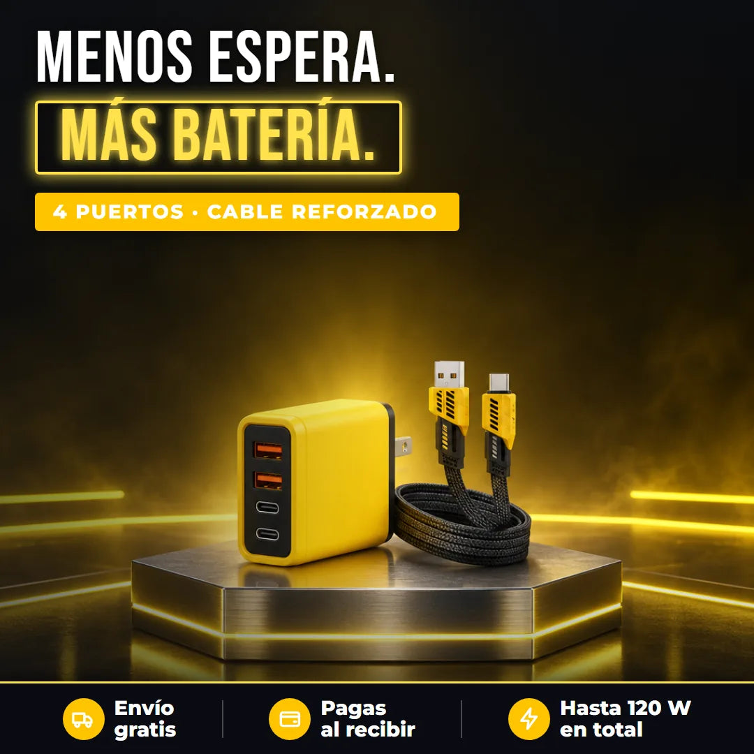 Cargador amarillo sobre un pedestal con luces amarillas