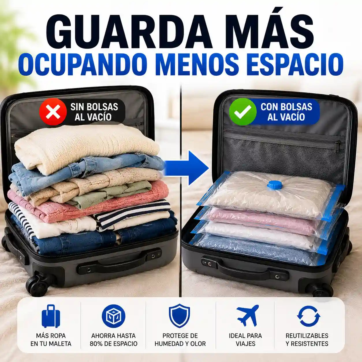 KIT DE COMPRESIÓN 5 Bolsas Reusables + Bomba | Ahorra 80% de espacio, protege de humedad y ácaros