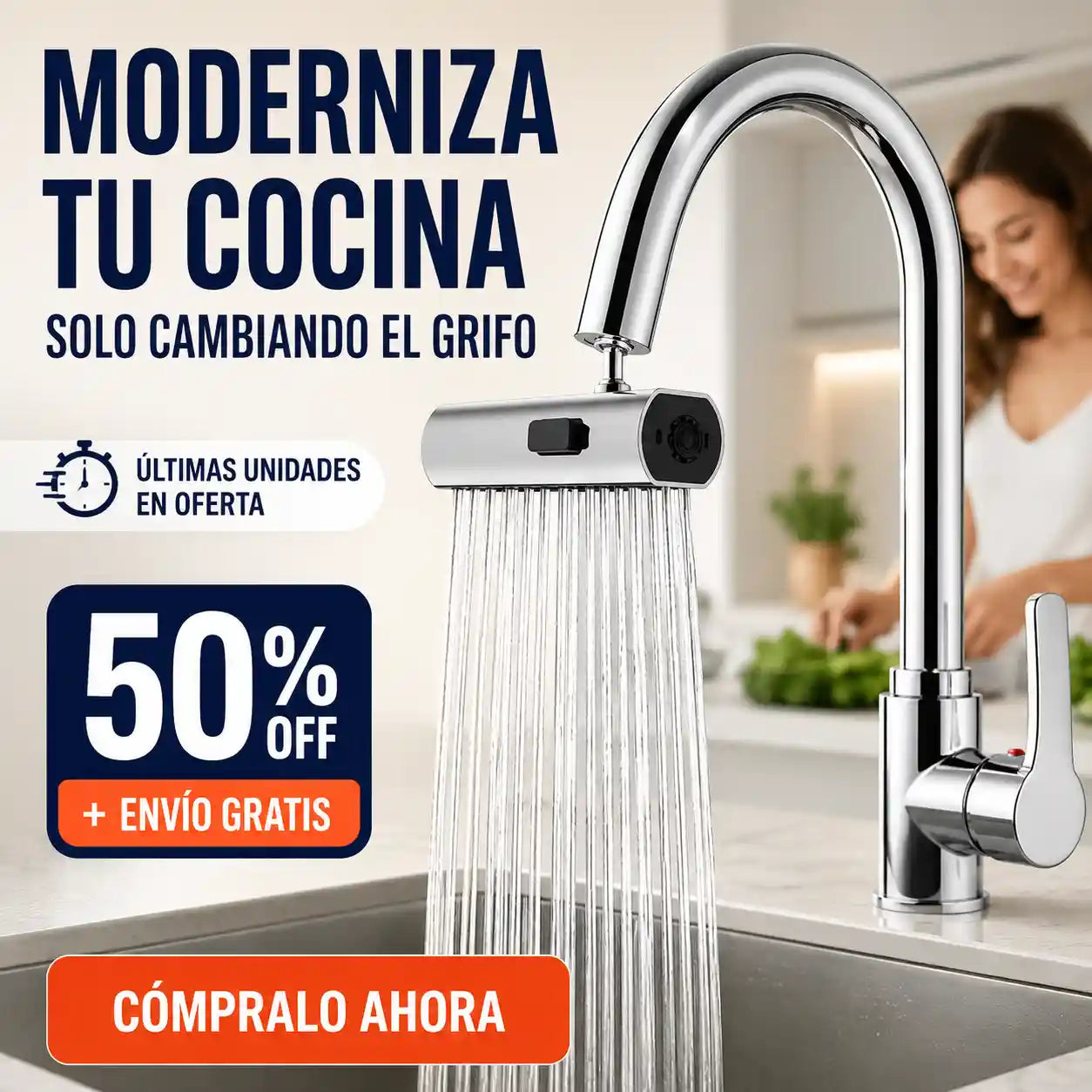 GRIFO MODERNO 4en1 |Fácil instalación, Gira 360, 3 niveles de presión, 4 modos de salida de agua
