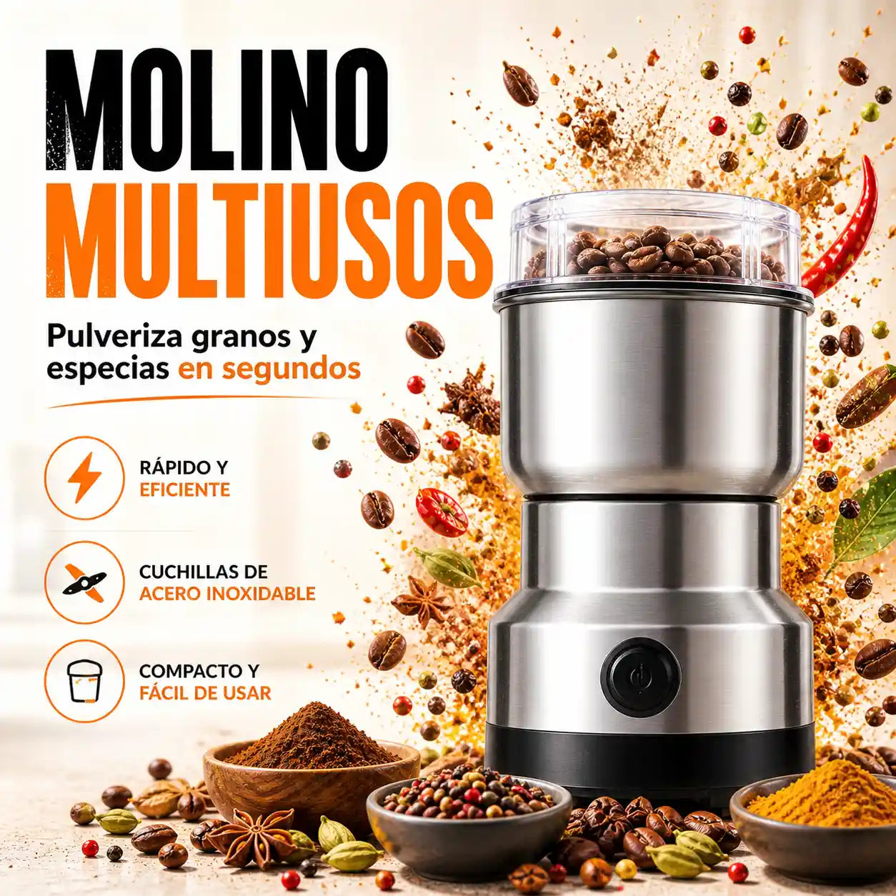 MOLINO MULTIUSOS| Pulveriza granos y especias en segundos