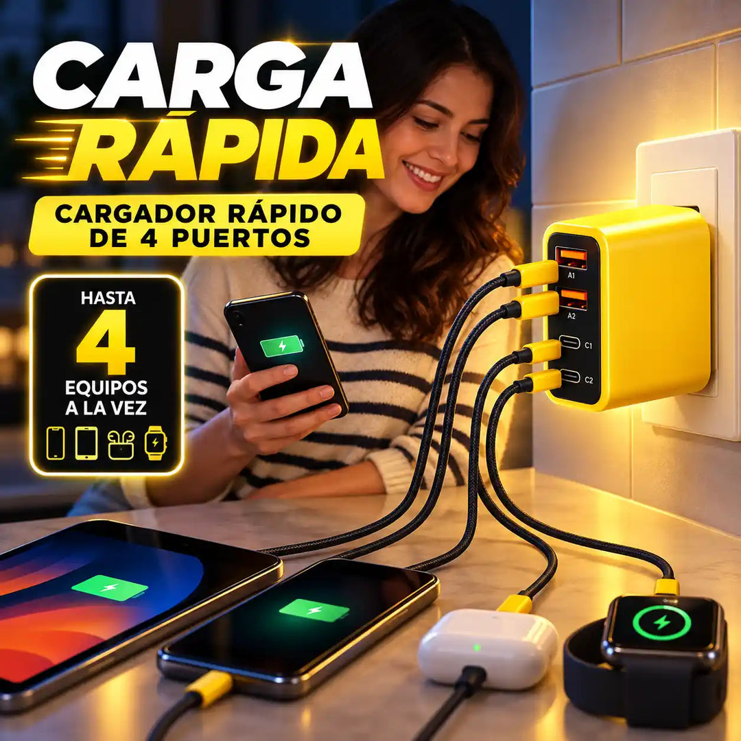 Mujer desconecta su celular ya cargado del cargador amarillo de 4 puertos en la cocina