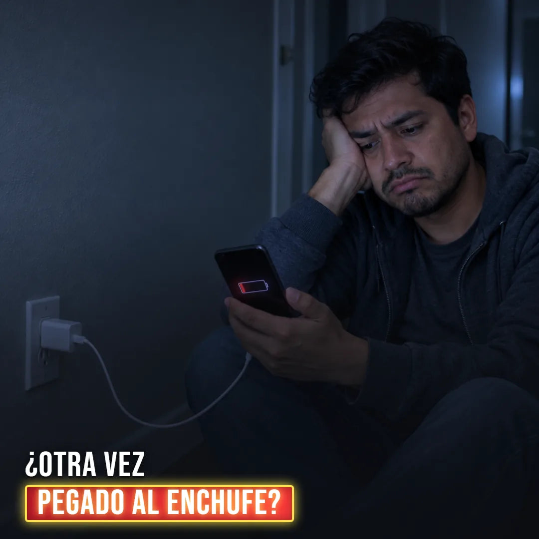 Hombre esperando sentado junto al enchufe con el celular casi sin batería