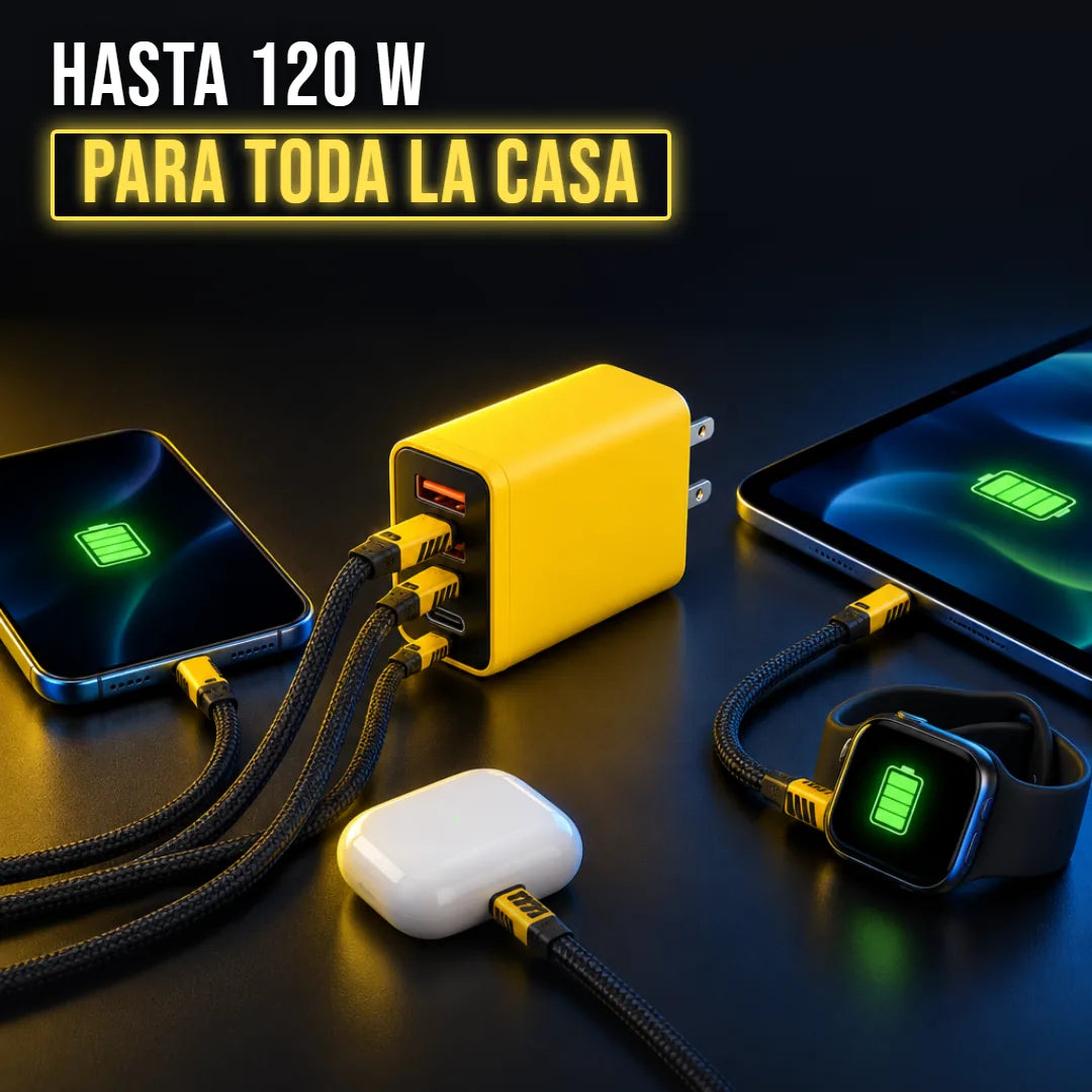 Cargador amarillo cargando celular, tablet, audífonos y reloj al mismo tiempo