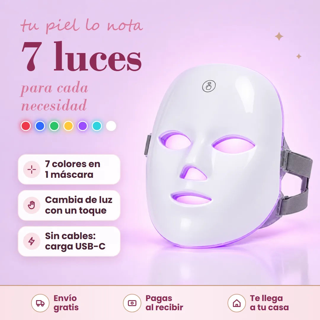 Máscara LED facial blanca encendida en luz morada
