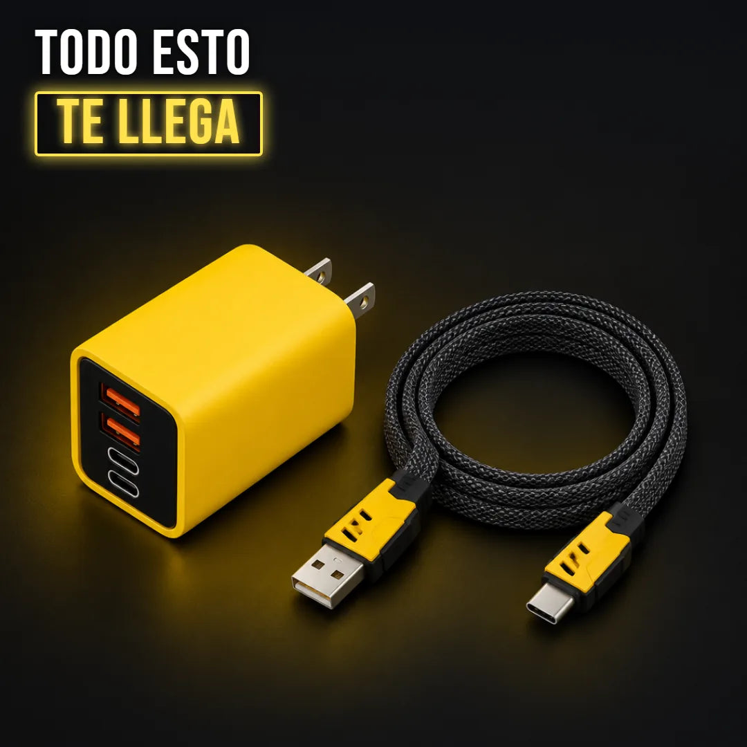 Cargador amarillo y cable trenzado enrollado