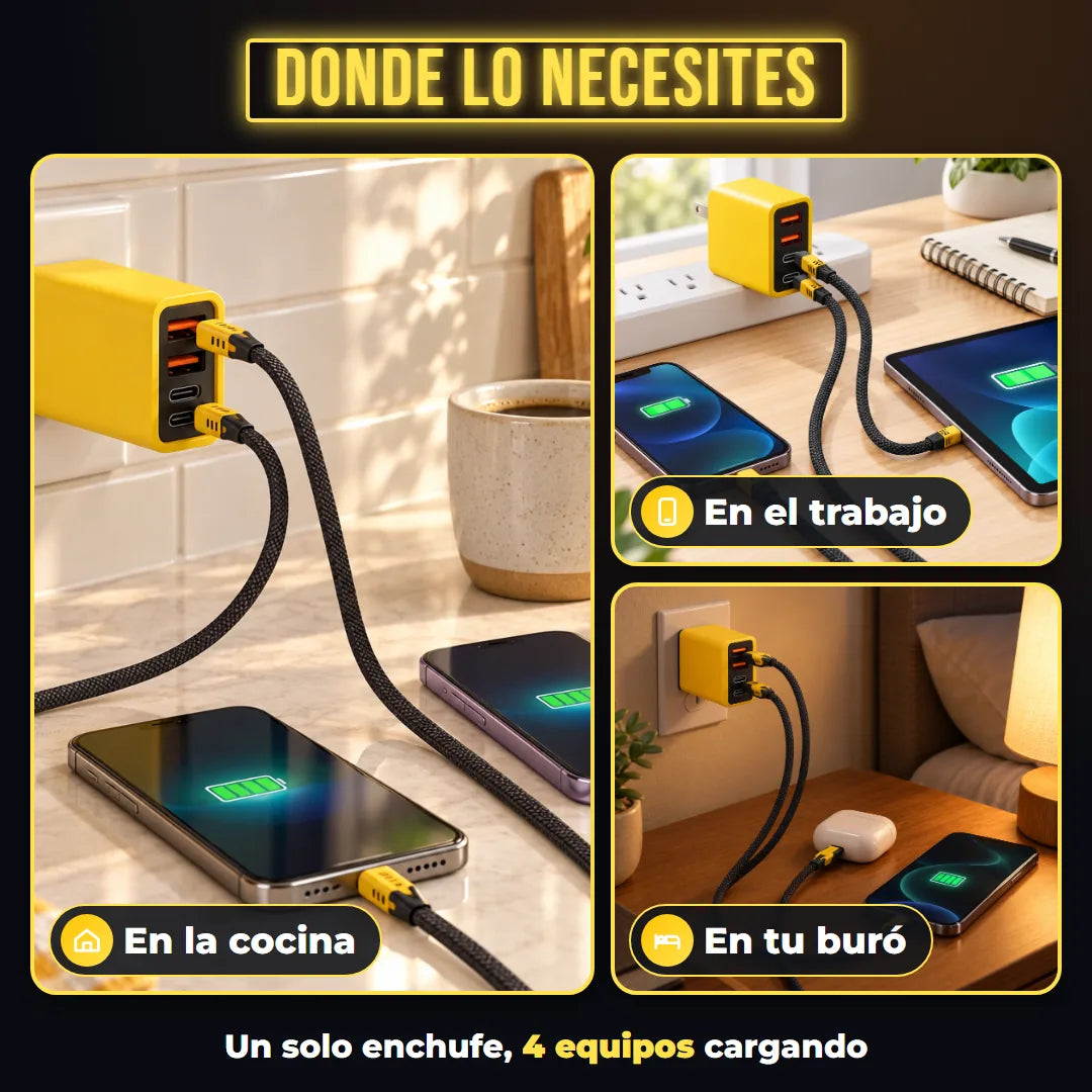 El cargador amarillo en la cocina, en el escritorio y en el buró
