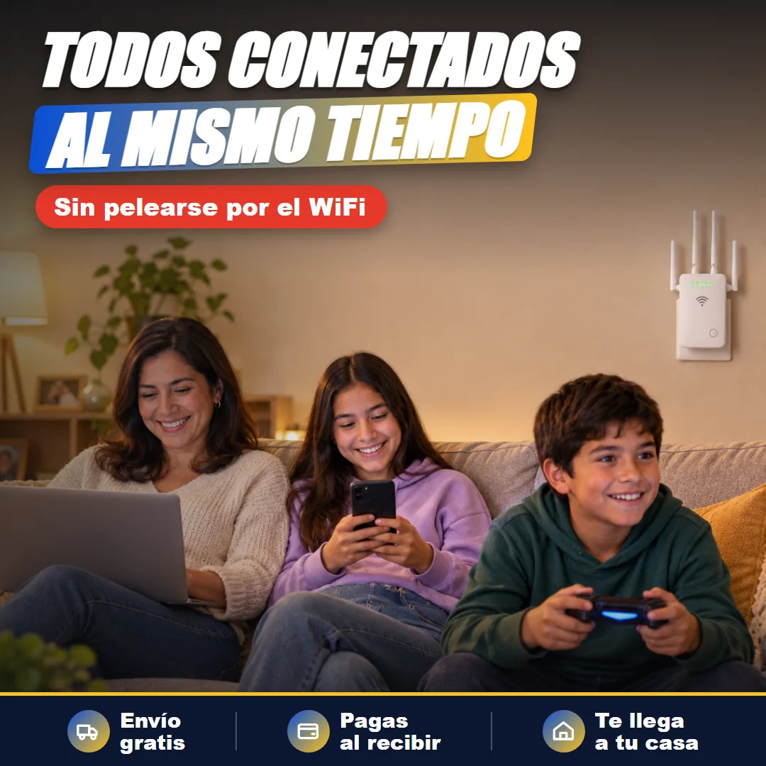 Familia conectada al mismo tiempo en la sala con el repetidor en la pared