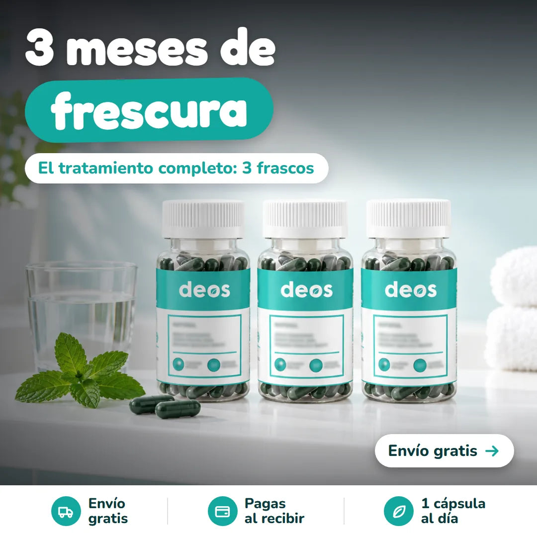 Tres frascos de DEOS en un estante de baño: 3 meses de frescura