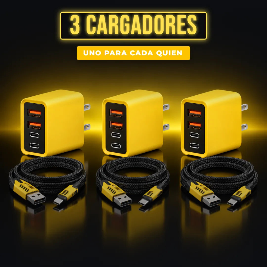 Tres cargadores amarillos con sus cables