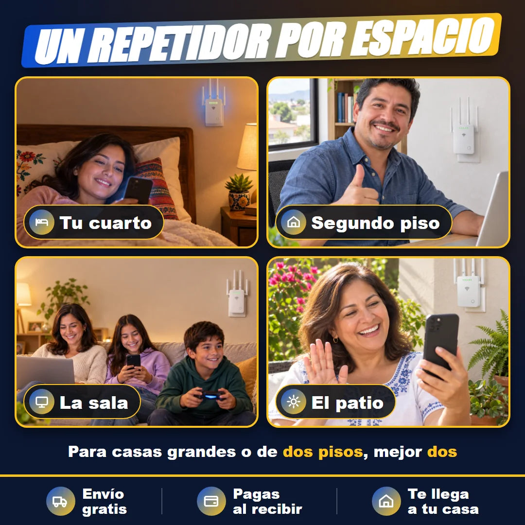 Un repetidor por espacio: cuarto, segundo piso, sala y patio