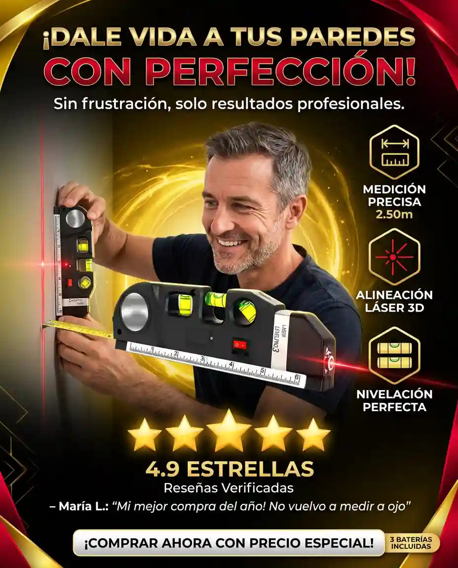 NIVEL LASER MULTIUSOS | Nivel de 3 burbujas + Láser de línea cruzada + Cinta métrica 2.5m + Regla de acero