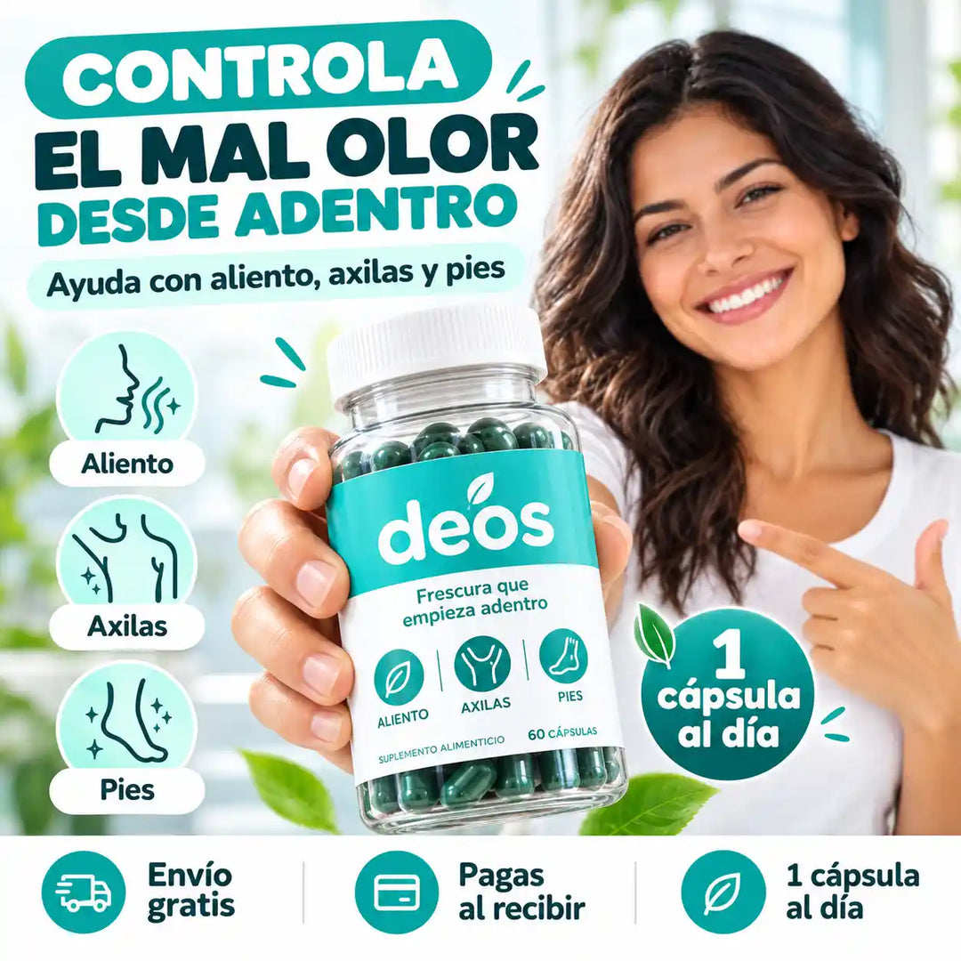 Mujer sonriente en su baño por la mañana con el frasco de DEOS en la mano