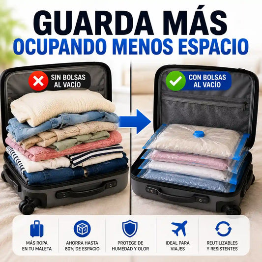 KIT DE COMPRESIÓN 5 Bolsas Reusables + Bomba | Ahorra 80% de espacio, protege de humedad y ácaros
