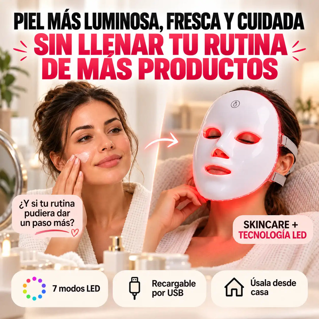 Mujer relajada en su cama con la máscara LED blanca encendida en luz roja