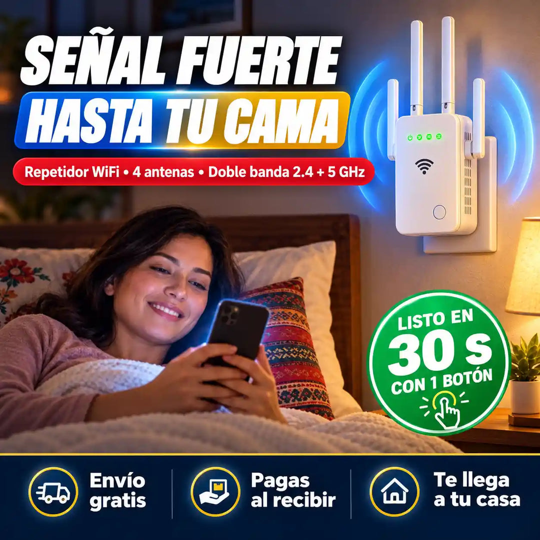 Mujer viendo una serie en la cama con el repetidor WiFi de 4 antenas enchufado en la pared
