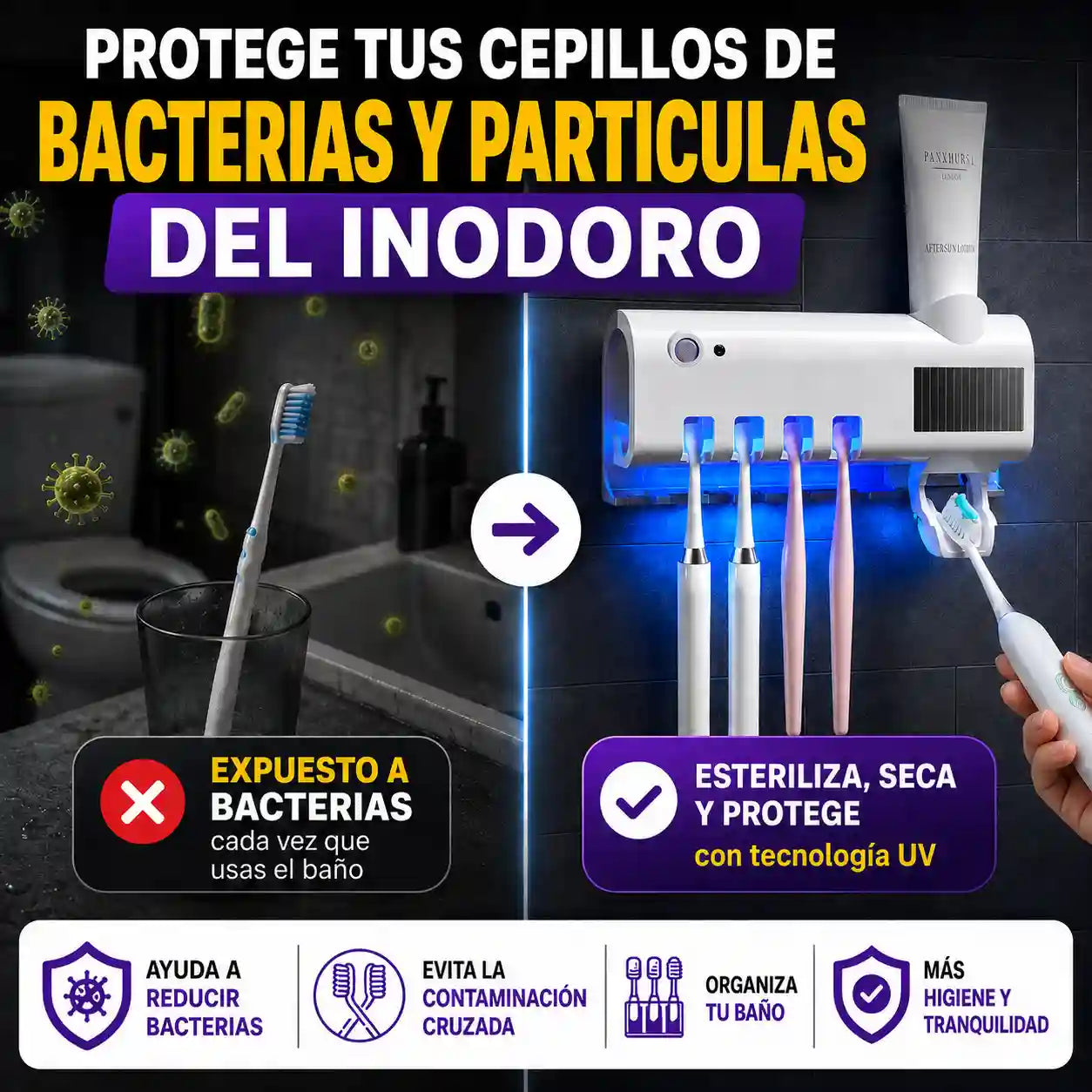 ESTERILIZADOR DE CEPILLOS CON DISPENSADOR DE CREMA | Protege y desinfecta 4 cepillos a la vez