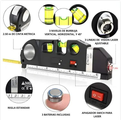NIVEL LASER MULTIUSOS | Nivel de 3 burbujas + Láser de línea cruzada + Cinta métrica 2.5m + Regla de acero