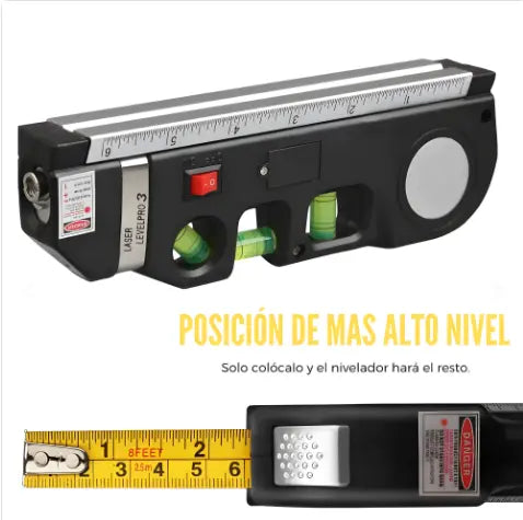 NIVEL LASER MULTIUSOS | Nivel de 3 burbujas + Láser de línea cruzada + Cinta métrica 2.5m + Regla de acero
